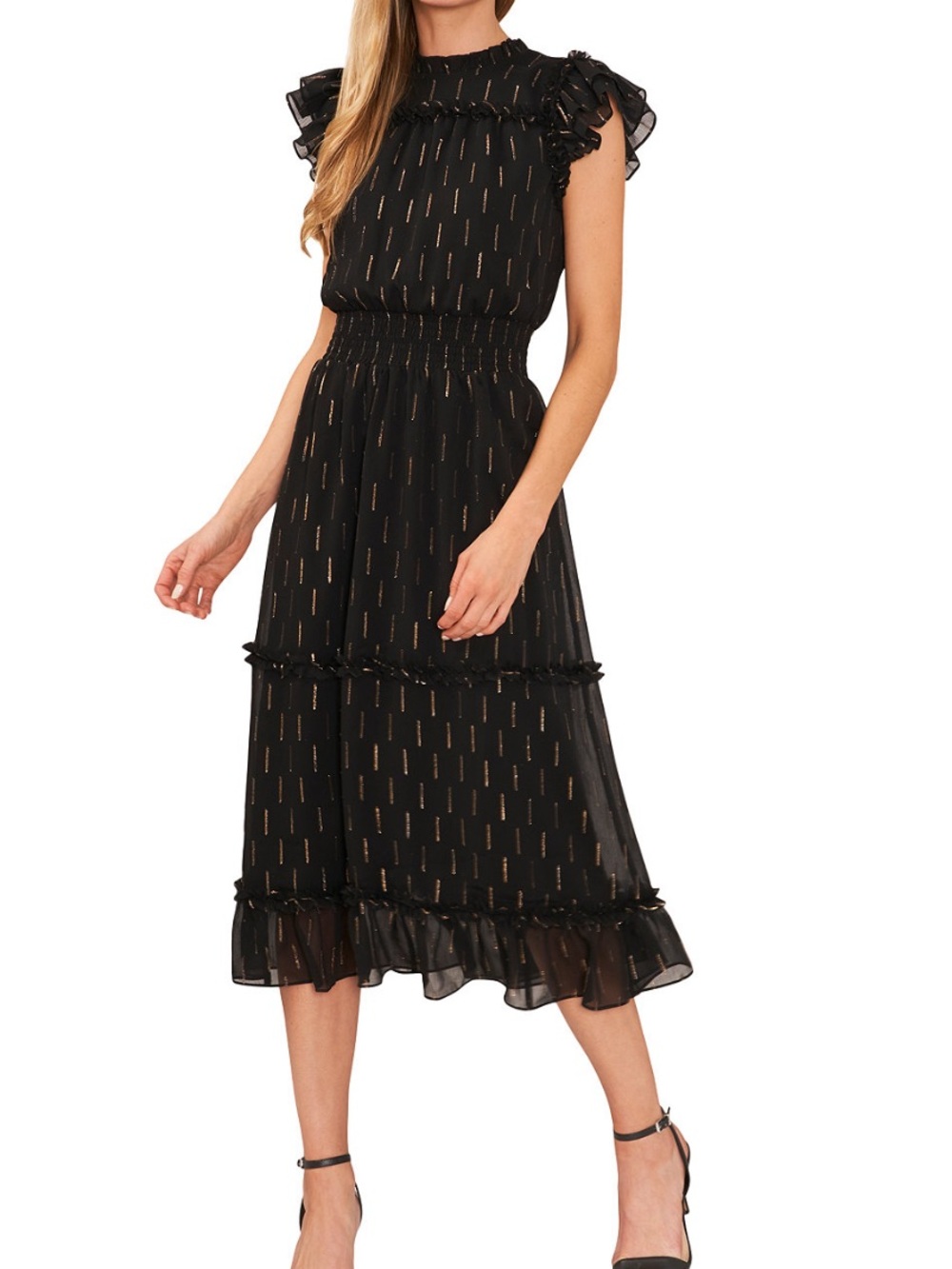CeCe Women's Metallic Print Ruffled Smocked Waist Midi Dress